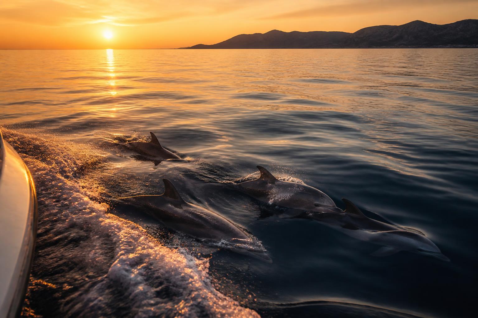 Dolphins in the Adriatic at sunset near Rovinj